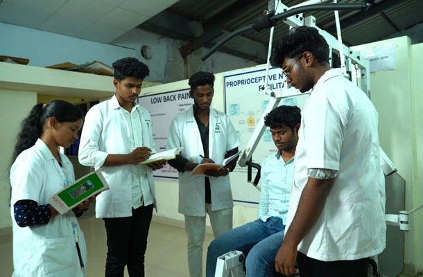 Students learning physiotherapy as part of institutional objectives at Cheran College of Physiotherapy